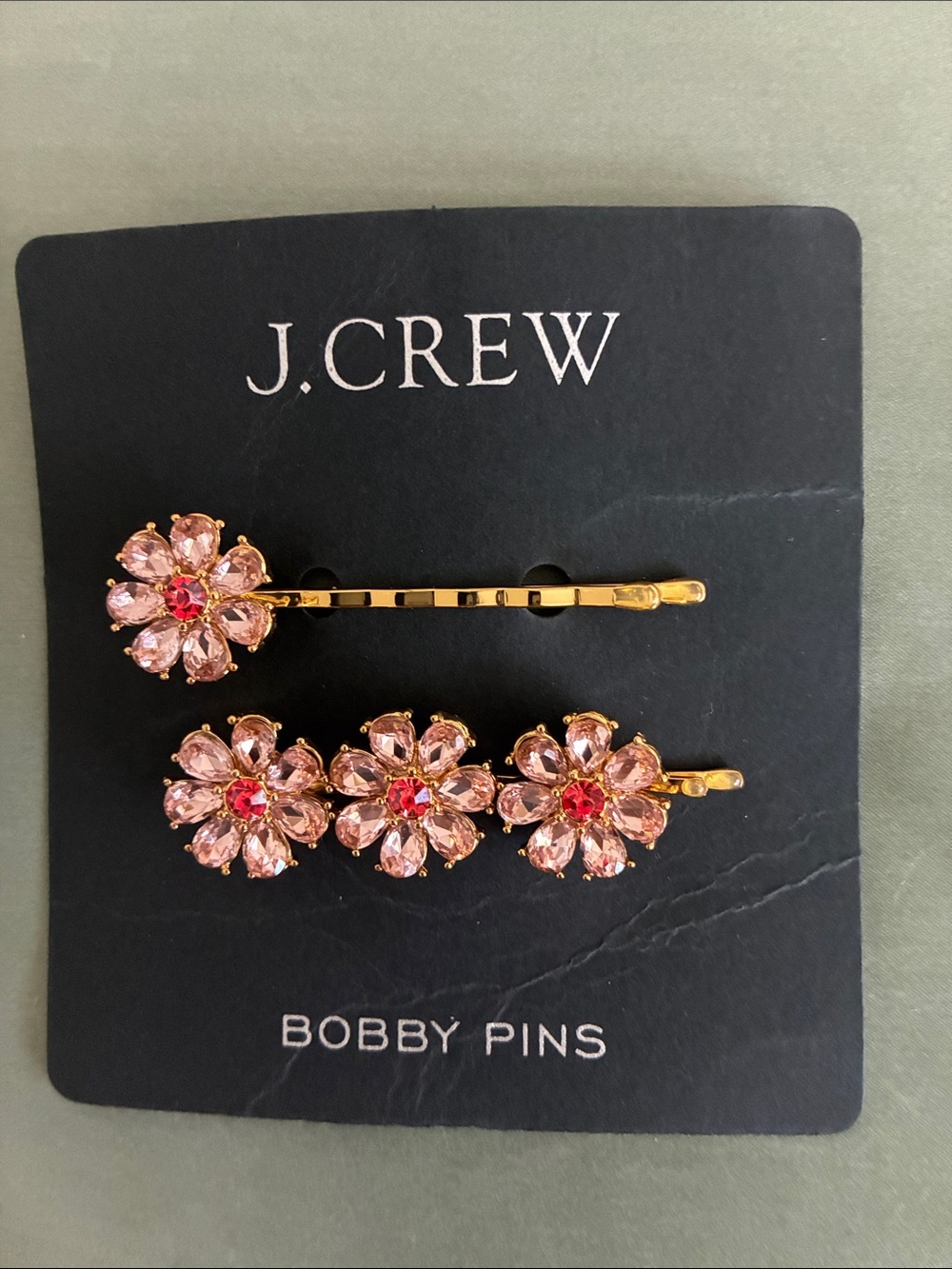 J. Crew Gold-Tone Pink Flower Crystal Bobby Pins with Red Centers